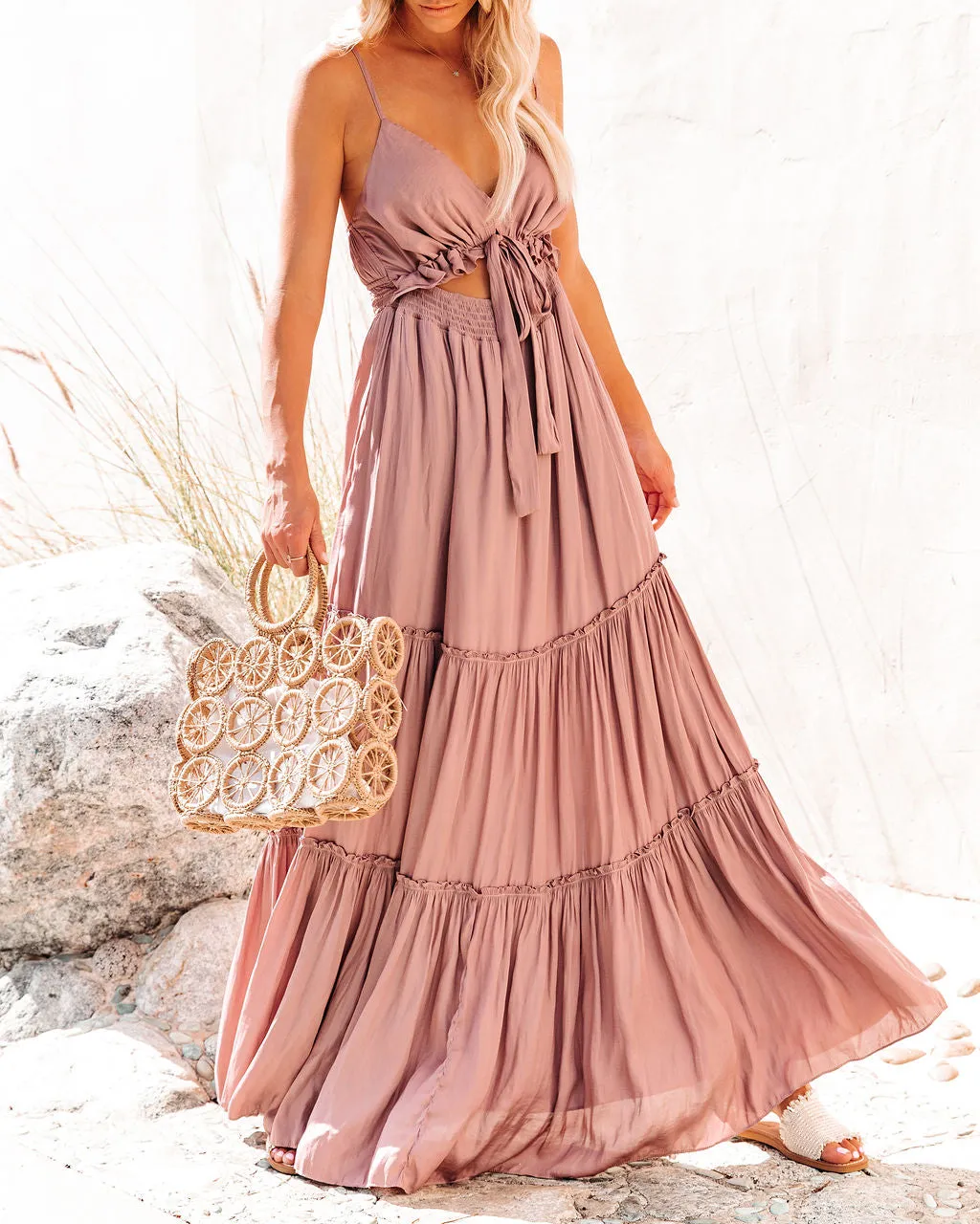 April Rain Pocketed Cutout Maxi Dress - Dusty Mauve