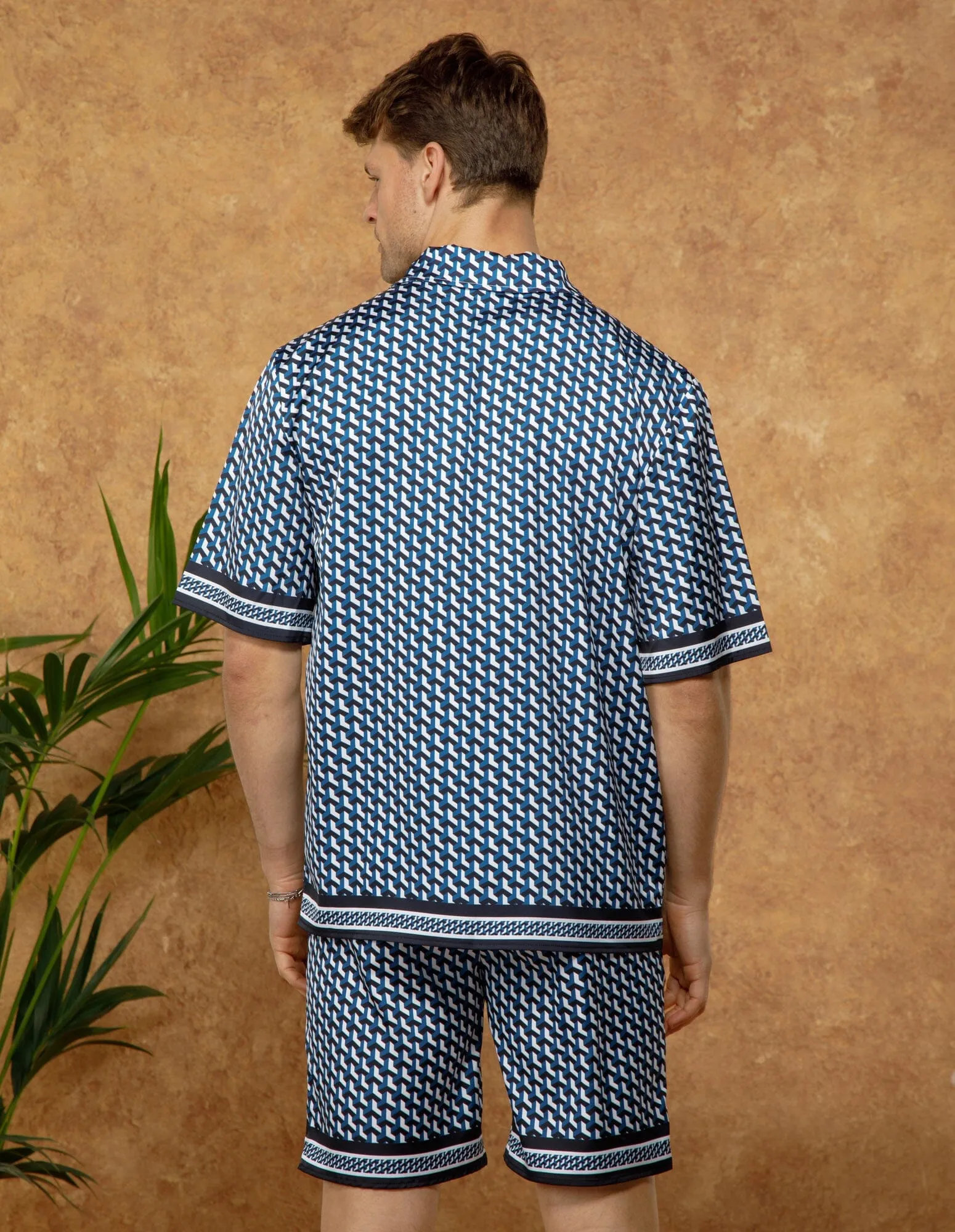 Blue Mono Illusion Panel Resort Shirt