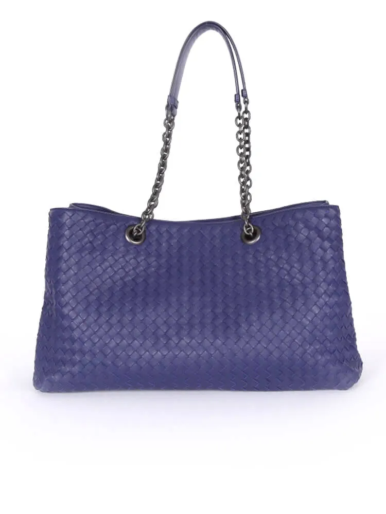 BOTTEGA VENETA INTRECCIATO LEATHER DOUBLE CHAIN TOTE ATLANTIC