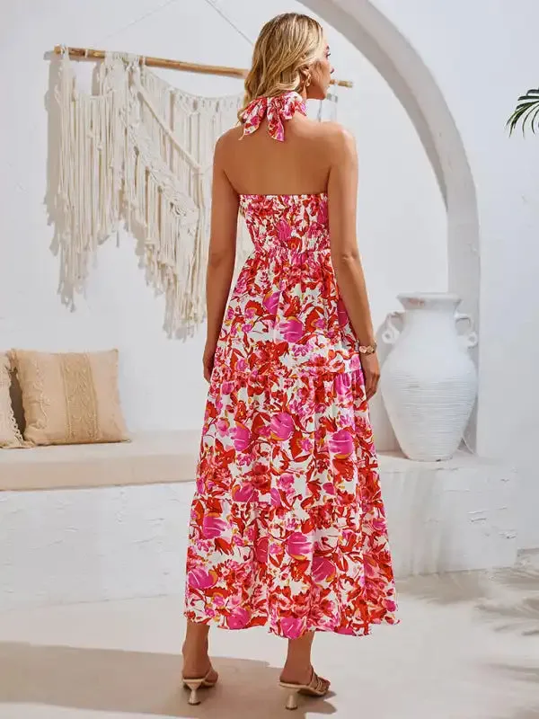 Casual resort style printed halter neck dress