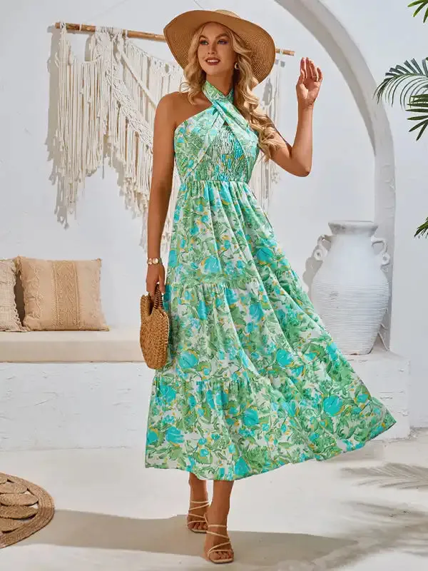 Casual resort style printed halter neck dress