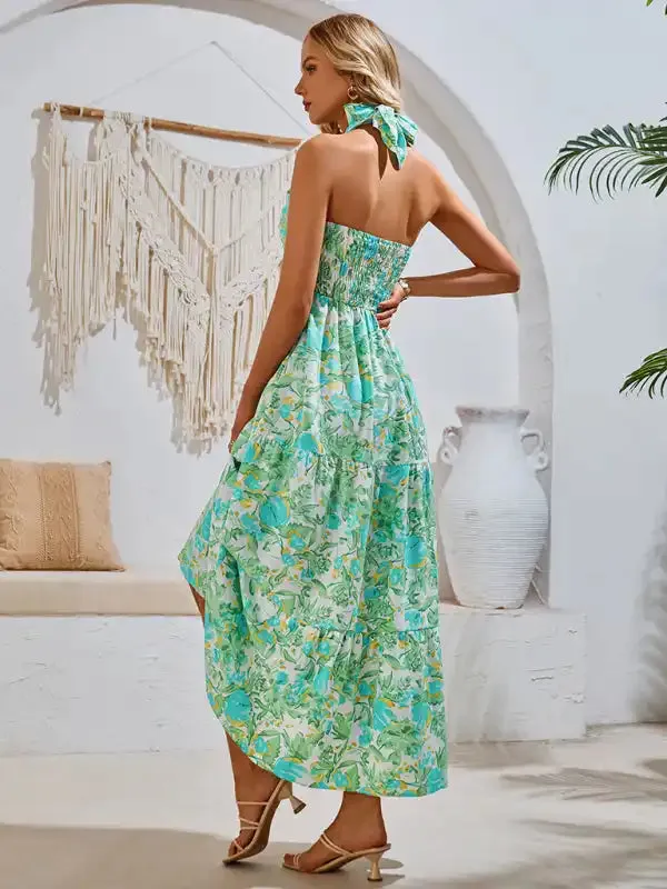 Casual resort style printed halter neck dress