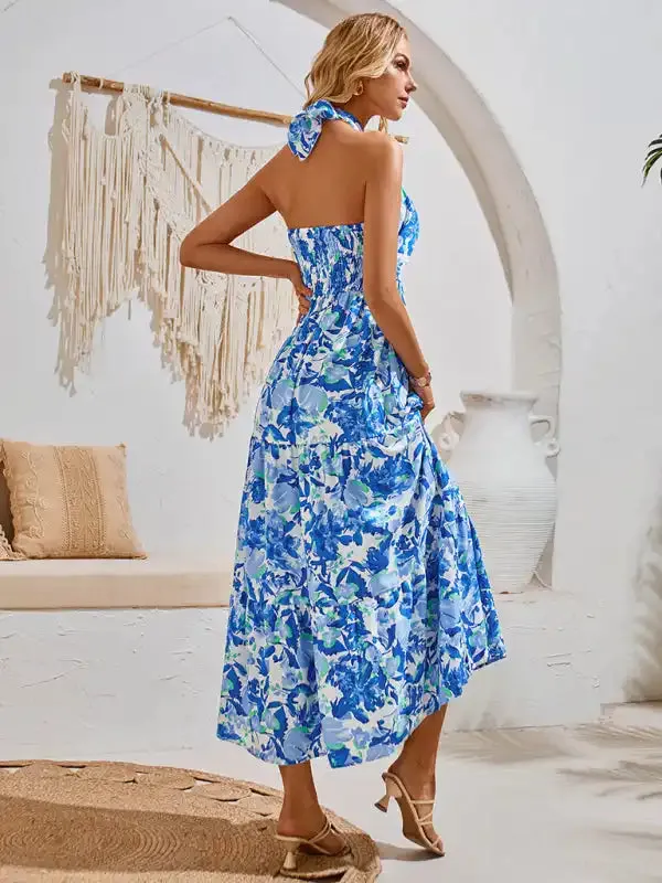 Casual resort style printed halter neck dress