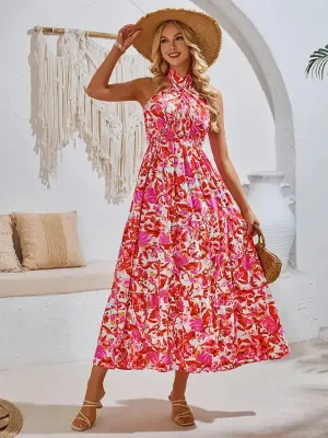 Casual resort style printed halter neck dress