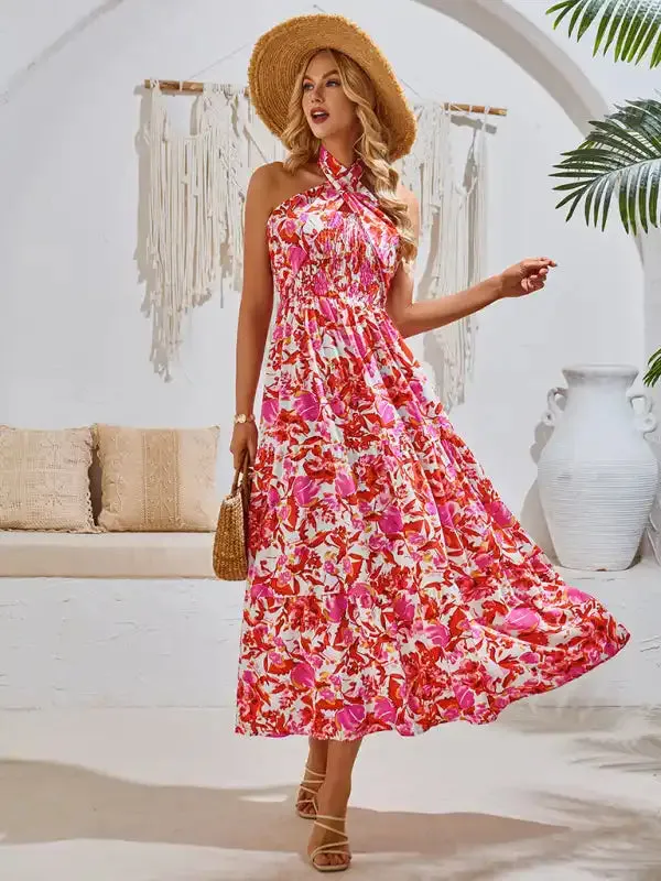 Casual resort style printed halter neck dress