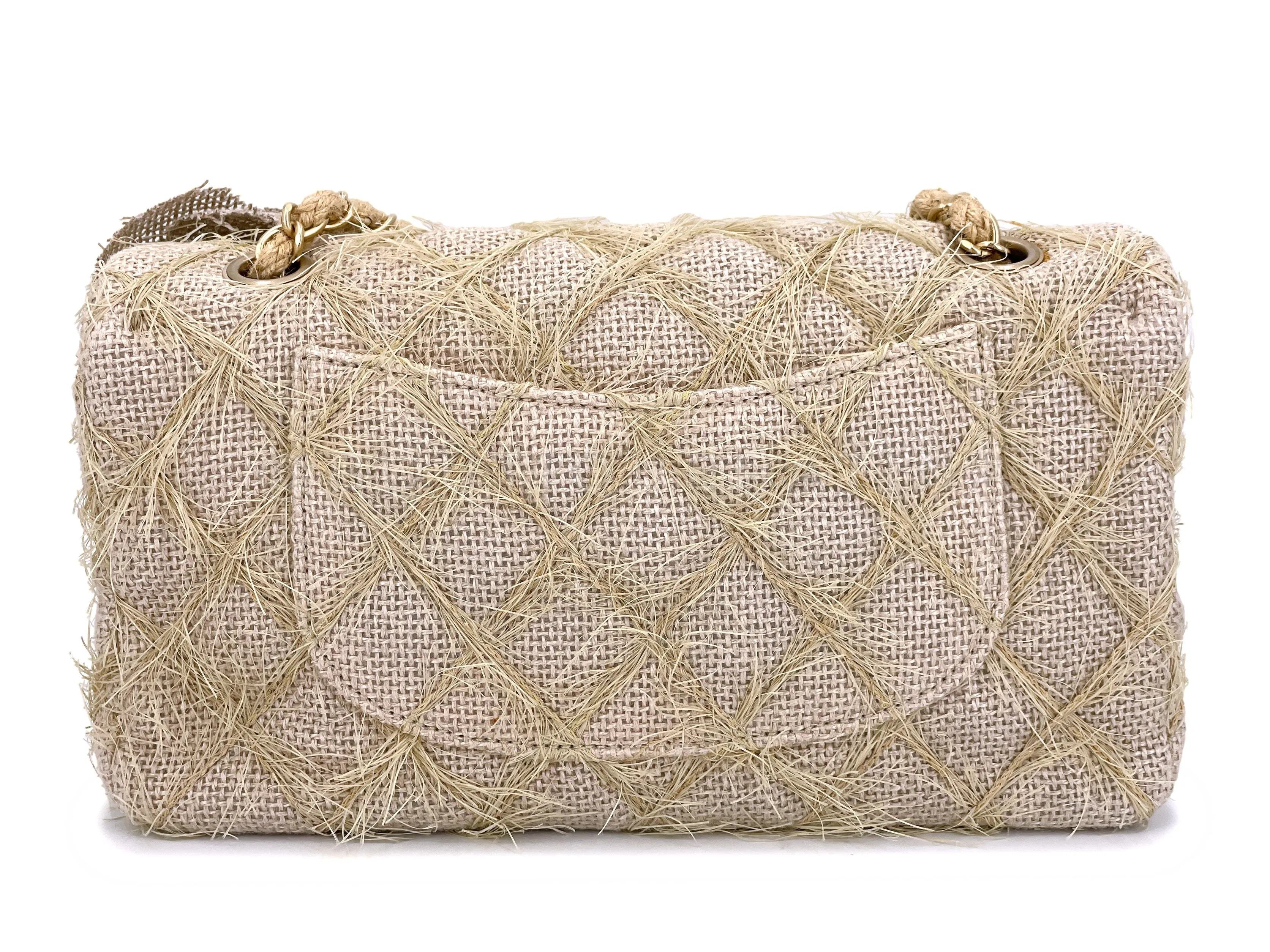 Chanel 2010 Taupe Beige Camellia Straw Raffia Classic Flap Bag GHW