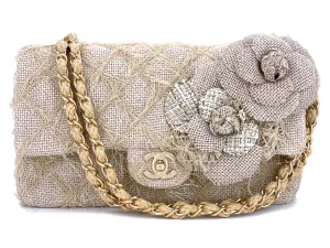 Chanel 2010 Taupe Beige Camellia Straw Raffia Classic Flap Bag GHW