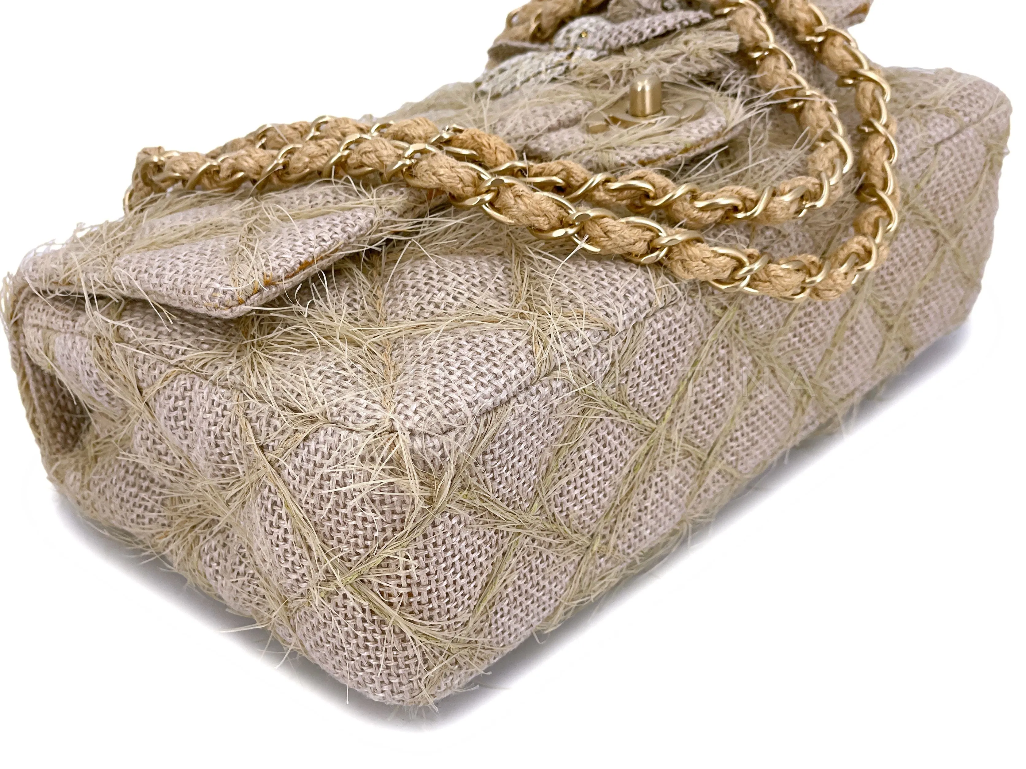 Chanel 2010 Taupe Beige Camellia Straw Raffia Classic Flap Bag GHW