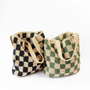 Checkered Raffia Tote