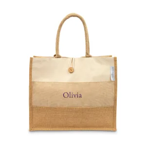 LARGE PERSONALIZED REUSABLE FABRIC BEACH TOTE - BURLAP OMBRE