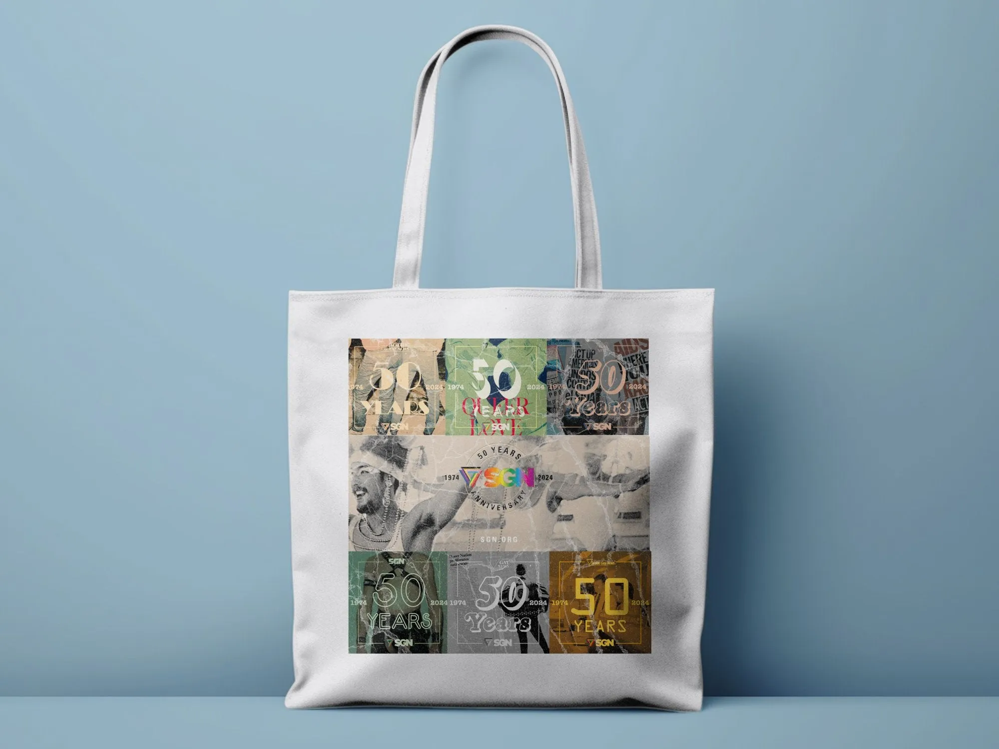 Limited Edition - Seattle Gay News 50 Years Collage, Book Tote Bag, Vintage Photos, SGN Eco Conscious Shopping Bag