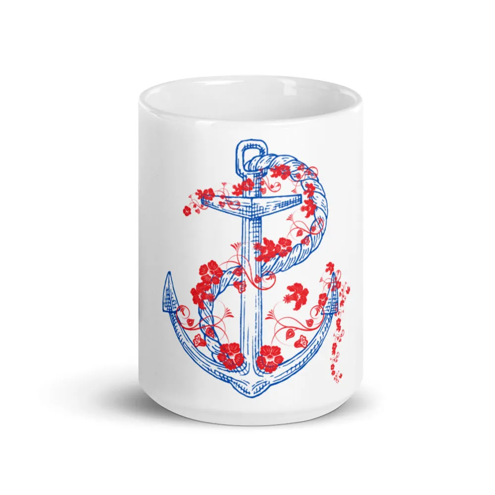 Nautical Anchor with floral rope coffee mugs, lioness-love